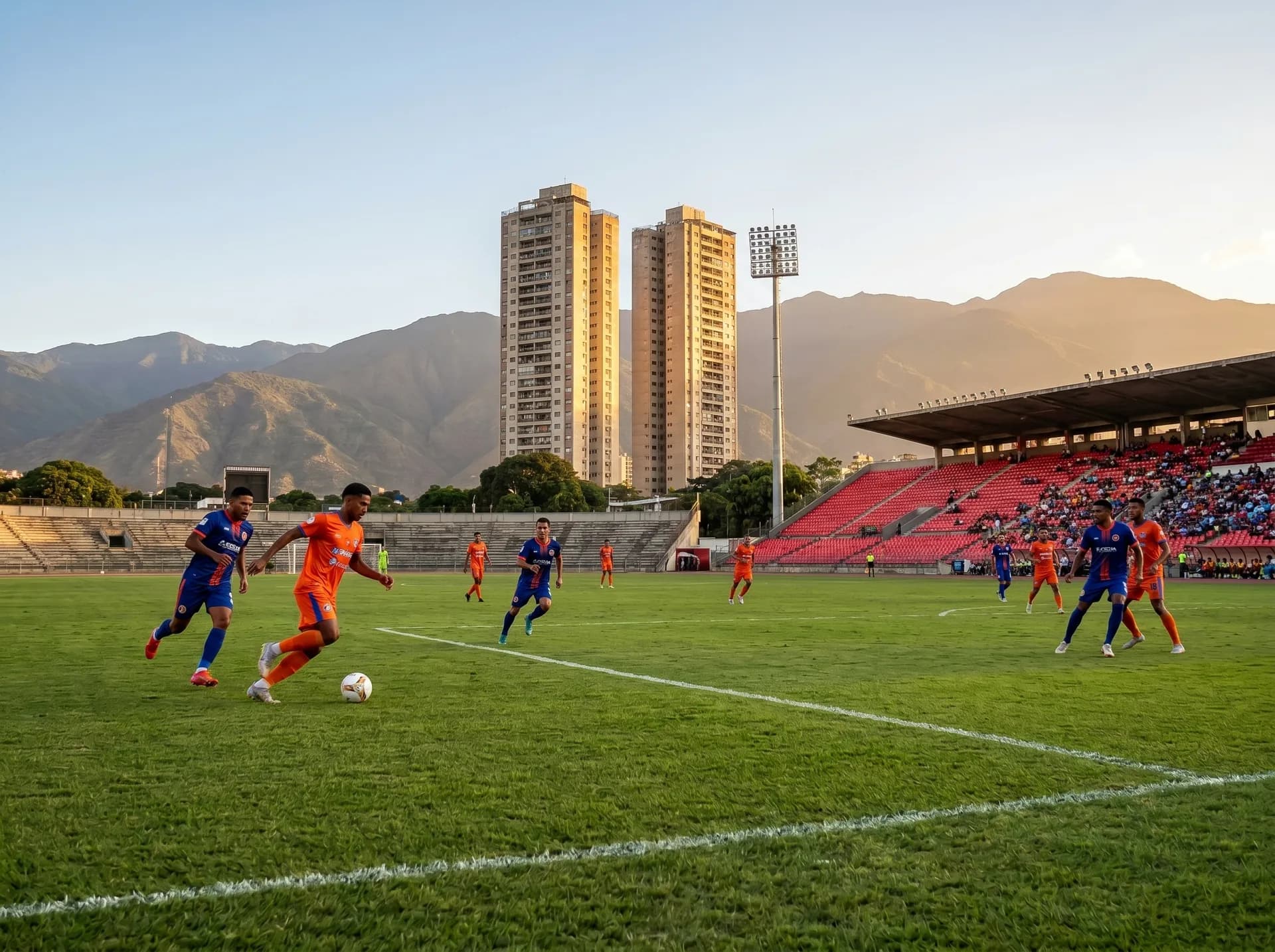Estadio y jugadores de fútbol con fondo de montaña